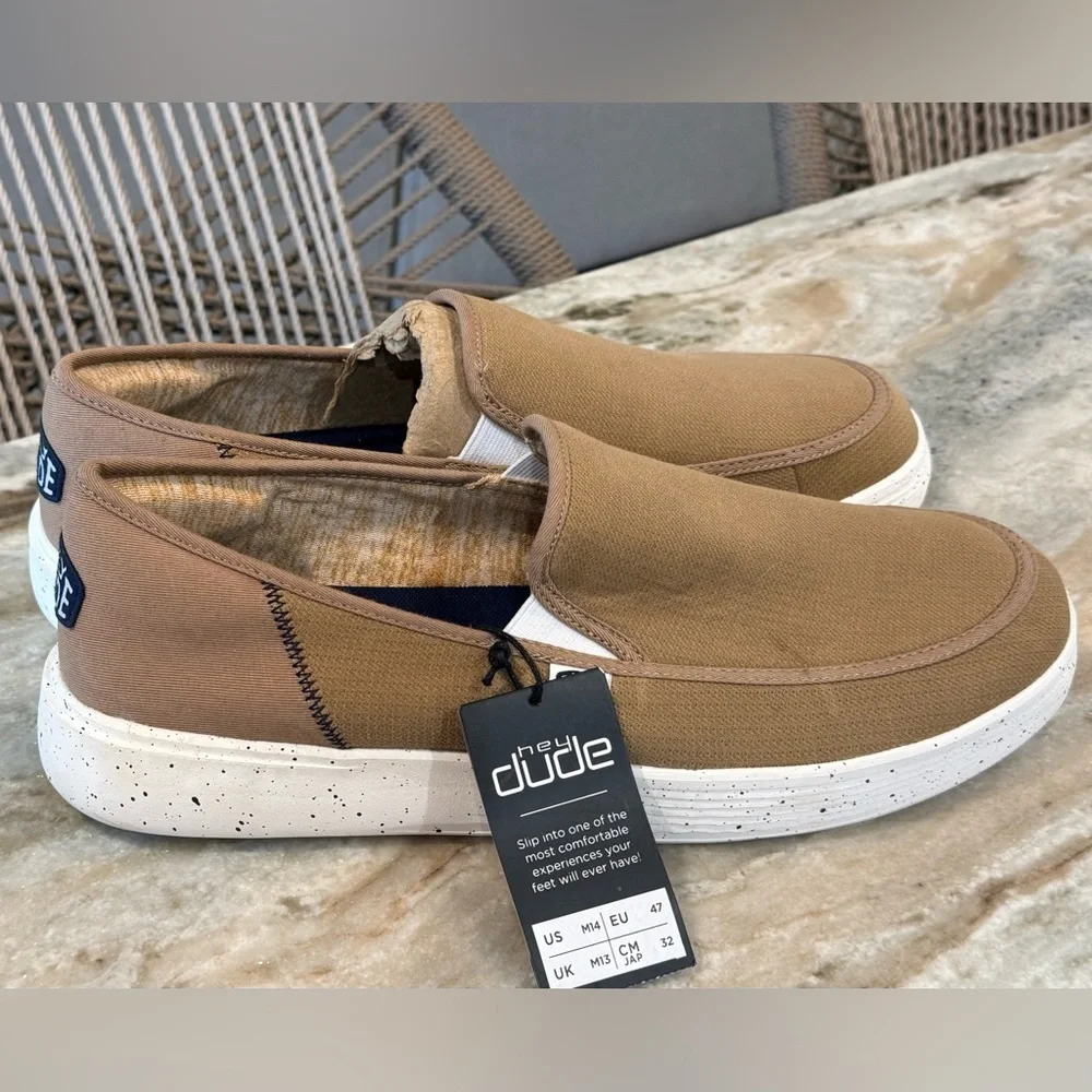 NWT Men HEY DUDE Sunapee Sport mesh canvas slip on tan sneakers- Size 14